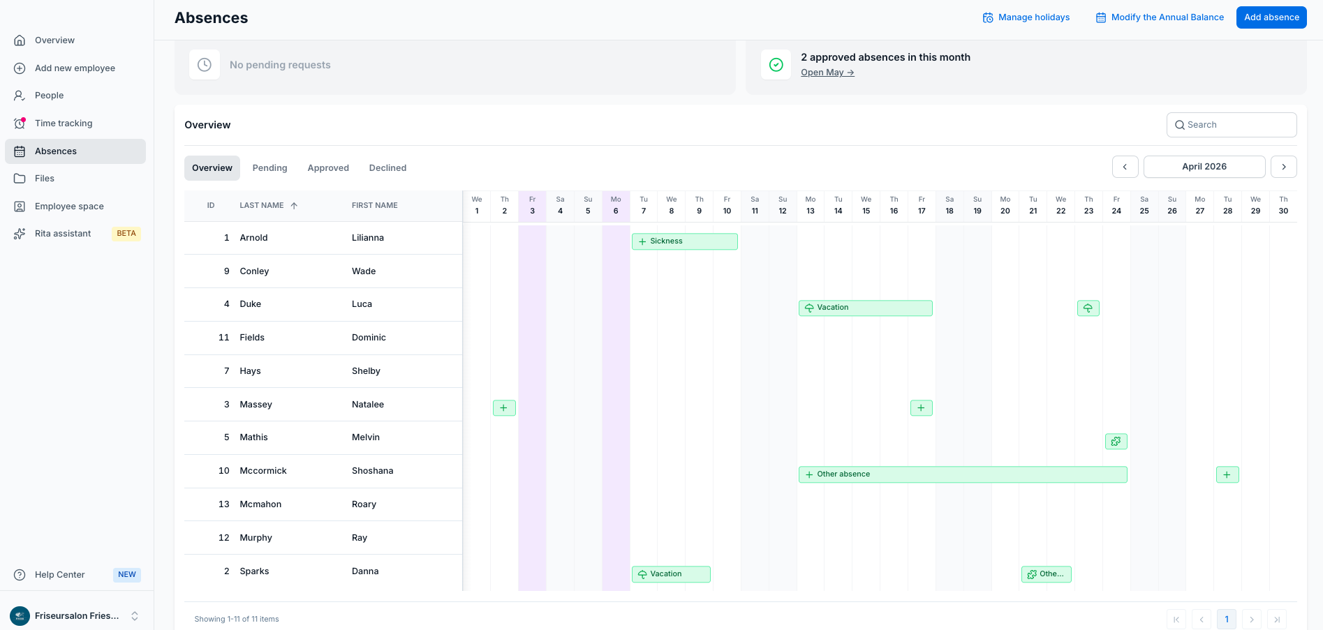 project b. absence management – calendar overview with vacation and sick leave