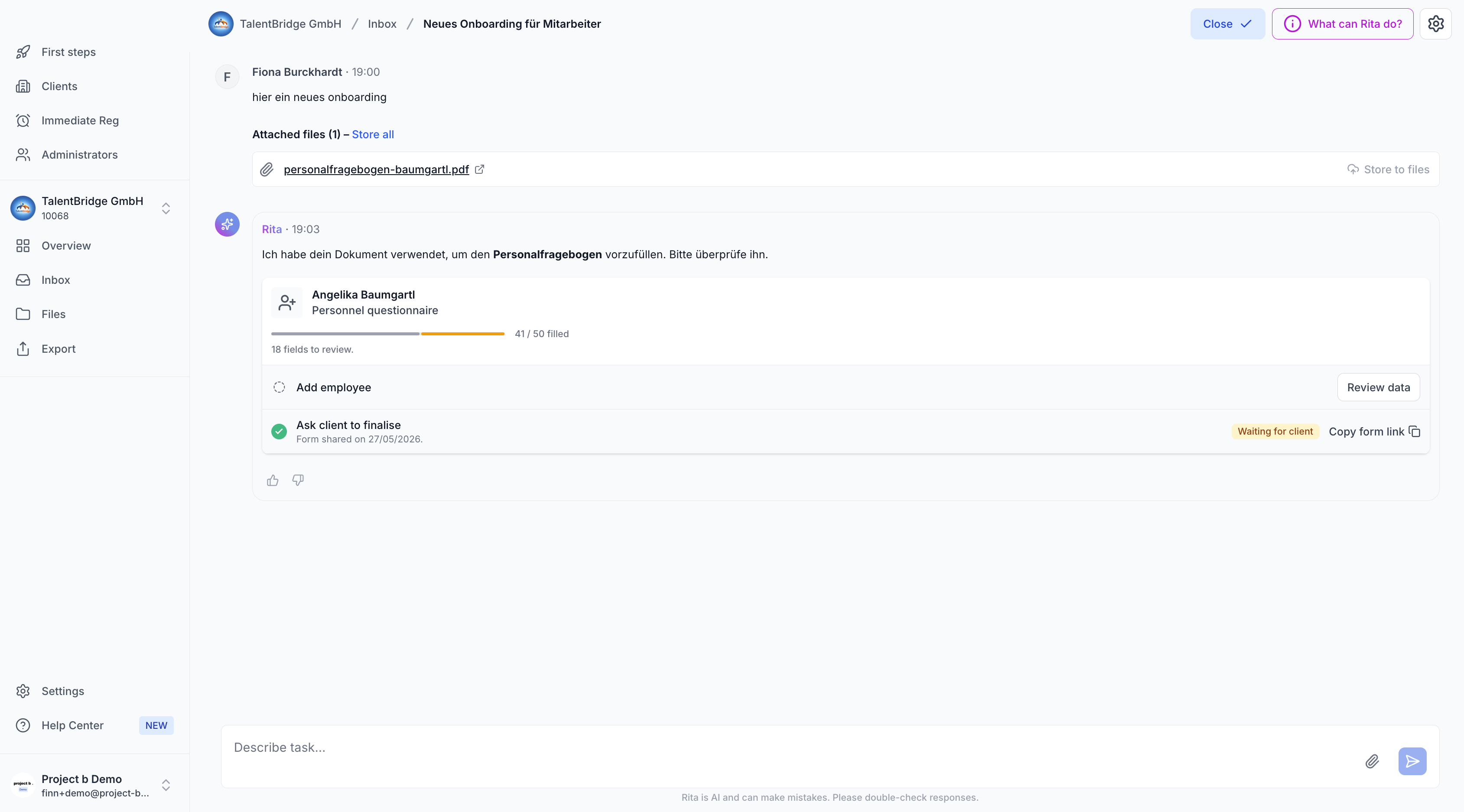 RITA – AI-assisted employee onboarding: personnel questionnaire pre-filled automatically